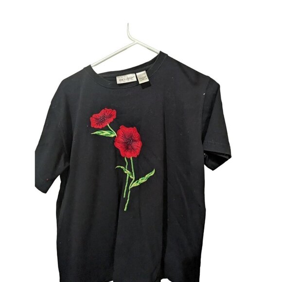 KIM ROGERS CASUAL KNIT TOP-Size PM SHORT SLEEVE- Black Red Poppy - Picture 1 of 7